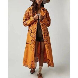 Free People Susanna Cutwork Eyelet Lace Longline Duster Jacket Pumpkin Small